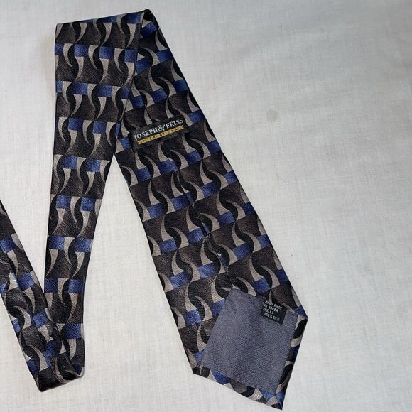 Joseph & Feiss Dress Tie Mens Size 57" Wide Black Blue Geometric 100% Silk - Picture 9 of 12